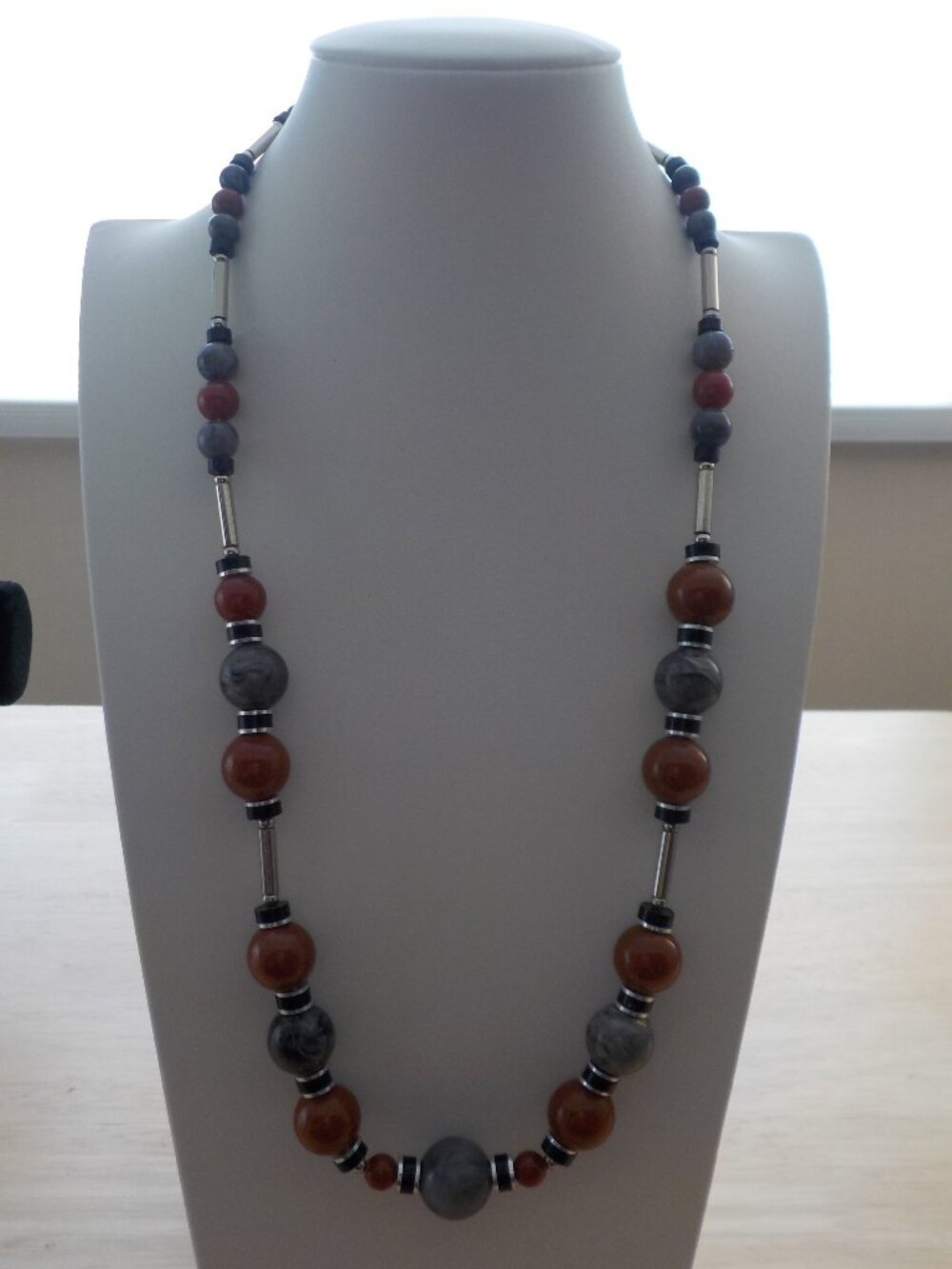 Necklace - beads - brown/blue/black/silver - 26 inches (3006)